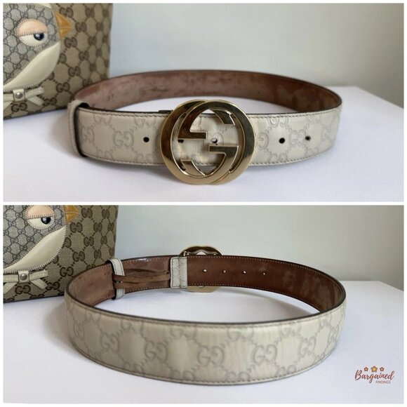 Authentic Gucci Cream Guccissima Leather Gold Interlocking G Buckle Belt 75/30 - Picture 4 of 13